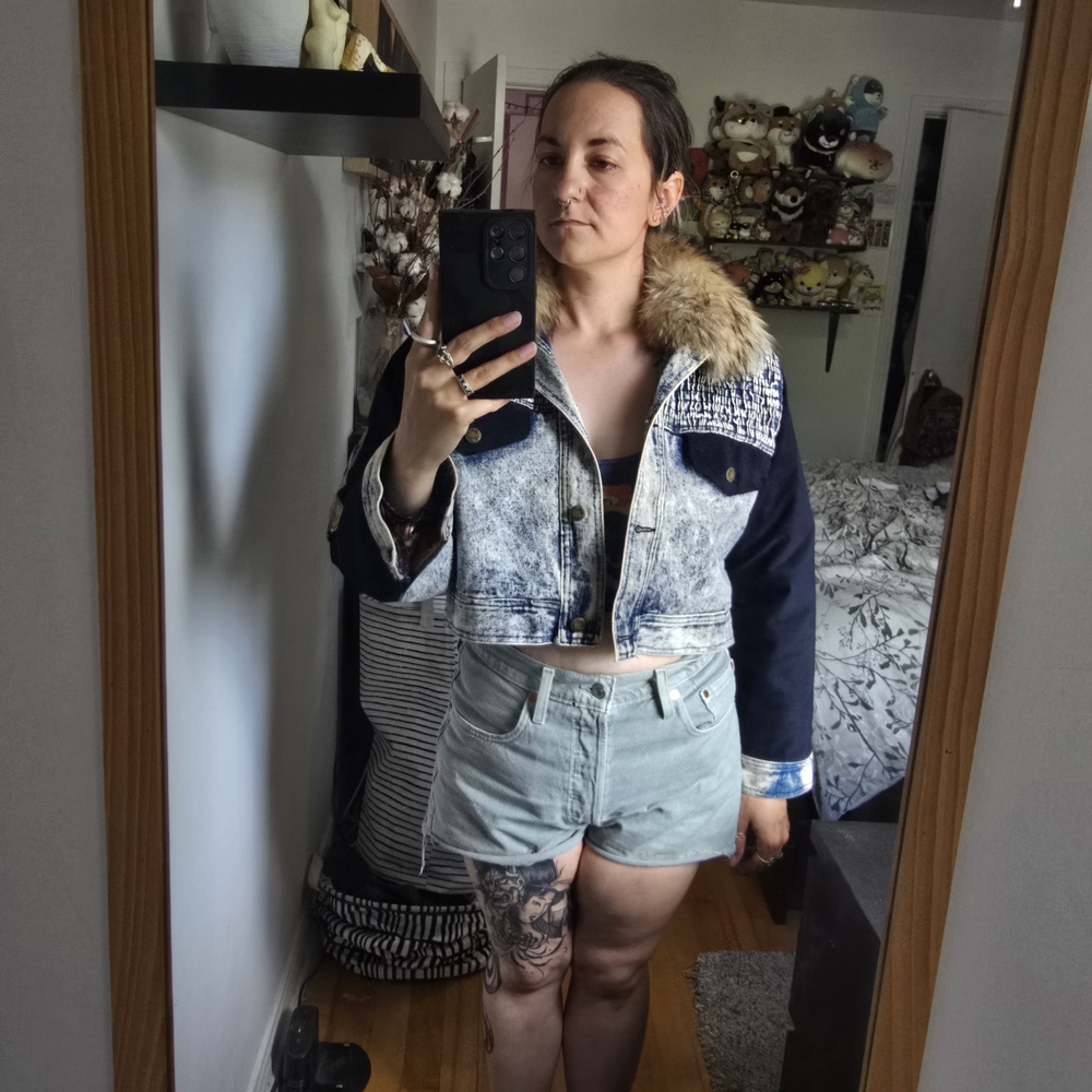 Denim Jacket with Real Racoondog Fur Collar
